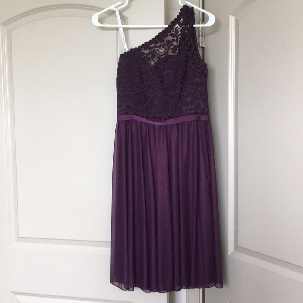 Plum one shoulder David’s Bridal bridesmaid gown